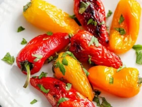 A white plate displays vibrant red and yellow Air Fryer Mini Peppers, perfectly roasted and garnished with fresh green herbs.