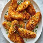A white plate filled with golden-brown, crispy Air Fryer Panko Chicken tenders garnished with chives and toasted crumbs.