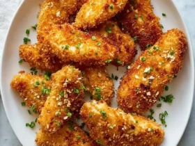 A white plate filled with golden-brown, crispy Air Fryer Panko Chicken tenders garnished with chives and toasted crumbs.