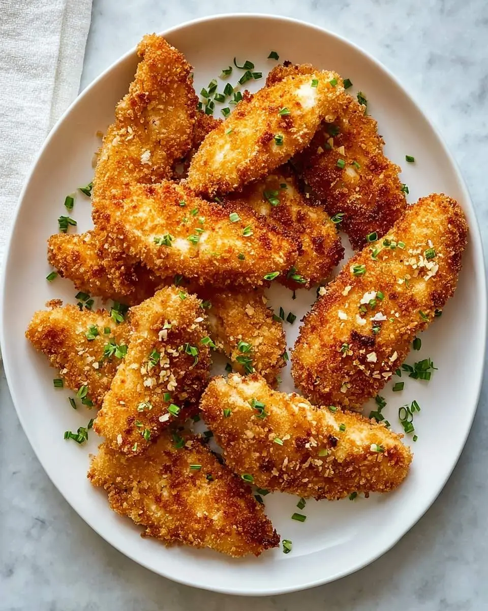 A white plate filled with golden-brown, crispy Air Fryer Panko Chicken tenders garnished with chives and toasted crumbs.