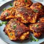 Close-up of golden brown Air Fryer Paprika Chicken Thighs, perfectly cooked and garnished with fresh parsley on a light blue plate.