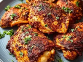 Close-up of golden brown Air Fryer Paprika Chicken Thighs, perfectly cooked and garnished with fresh parsley on a light blue plate.