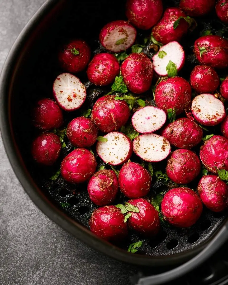 Air Fryer Radishes 29 A close-up view of vibrant red whole and halved radishes seasoned with herbs in an air fryer basket, ready to be cooked as Air Fryer Radishes.