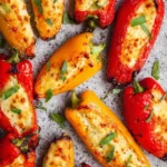 Vibrant red and yellow Air Fryer Stuffed Mini Peppers with bubbling cheesy filling and fresh herbs on a speckled gray surface.