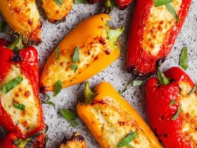 Vibrant red and yellow Air Fryer Stuffed Mini Peppers with bubbling cheesy filling and fresh herbs on a speckled gray surface.