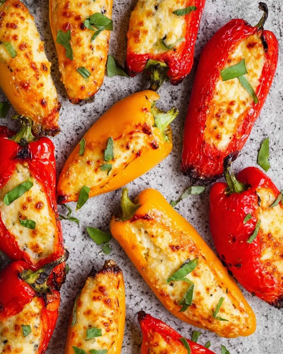 Air Fryer Stuffed Mini Peppers 29 Vibrant red and yellow Air Fryer Stuffed Mini Peppers with bubbling cheesy filling and fresh herbs on a speckled gray surface.