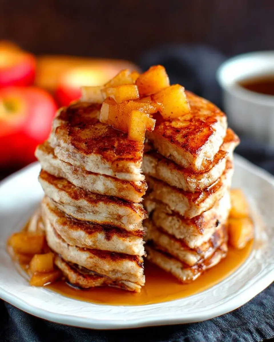 Apple Yogurt Pancakes 29 A tall stack of fluffy Apple Yogurt Pancakes topped with caramelized apple chunks and maple syrup, served on a white plate.