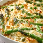 A close-up of a baked asparagus casserole featuring bright green spears, creamy sauce, and a crispy golden Ritz crackers topping.
