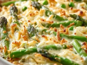 A close-up of a baked asparagus casserole featuring bright green spears, creamy sauce, and a crispy golden Ritz crackers topping.