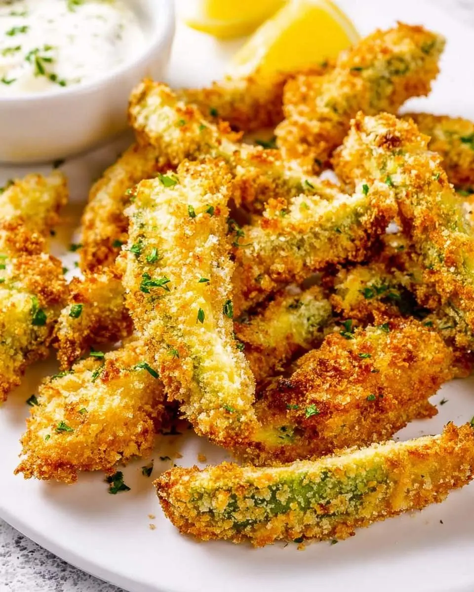 Baked Avocado Fries 25 A white plate piled high with crispy golden Baked Avocado Fries, garnished with parsley, alongside a dipping sauce and lemon wedges.