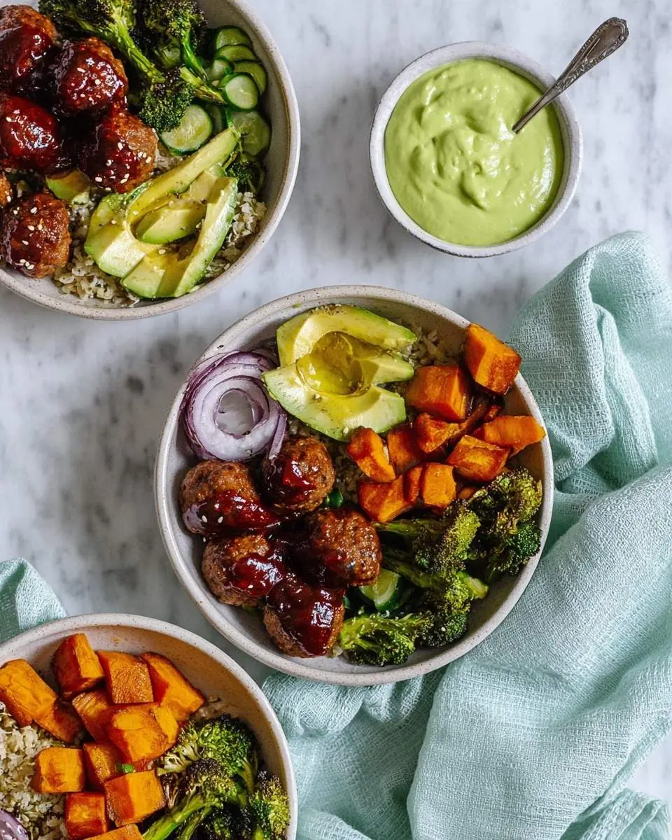 barbecue meatball bowls with avocado sauce