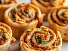 Close-up of several golden-baked BBQ Chicken Pinwheels, filled with savory chicken and sauce, garnished with fresh parsley on a white surface.
