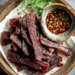 Delicious homemade beef jerky strips piled on white parchment paper in a rustic wooden bowl, with chili flakes and fresh thyme.