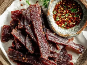 Delicious homemade beef jerky strips piled on white parchment paper in a rustic wooden bowl, with chili flakes and fresh thyme.