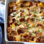A close-up of a bubbling hot Beef Lombardi Casserole in a white baking dish, topped with melted cheese and fresh parsley.