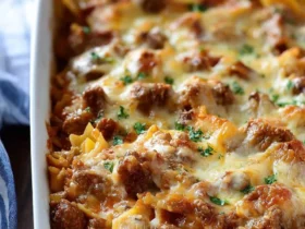 A close-up of a bubbling hot Beef Lombardi Casserole in a white baking dish, topped with melted cheese and fresh parsley.