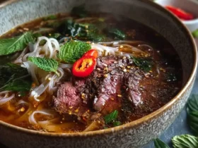 A steaming bowl of savory Beef Pho with tender sliced beef, rice noodles, fresh mint, and red chili garnish on a dark surface.