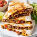 A stack of golden-brown beef quesadillas filled with meat, cheese, corn, and beans, served with salsa, guacamole, and lime.