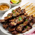 Grilled Beef Satay skewers piled on a white plate, garnished with chopped peanuts and cilantro, served with peanut sauce and lime.
