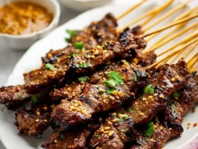 Grilled Beef Satay skewers piled on a white plate, garnished with chopped peanuts and cilantro, served with peanut sauce and lime.