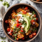 A close-up of a dark bowl filled with cheesy Beef Skillet Enchiladas, topped with avocado, sour cream, tomatoes, and cilantro.