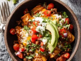 A close-up of a dark bowl filled with cheesy Beef Skillet Enchiladas, topped with avocado, sour cream, tomatoes, and cilantro.