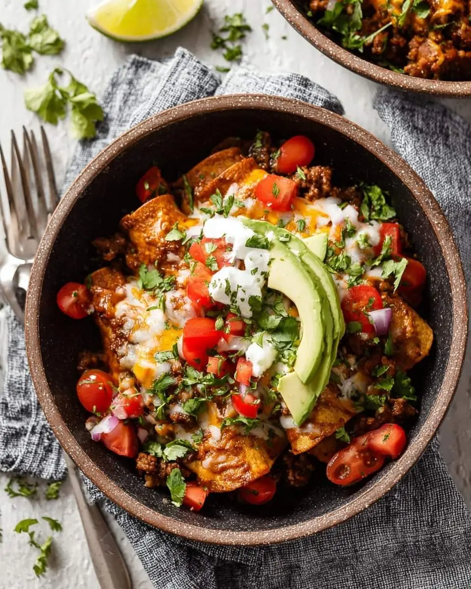 Beef Skillet Enchiladas 28 A close-up of a dark bowl filled with cheesy Beef Skillet Enchiladas, topped with avocado, sour cream, tomatoes, and cilantro.