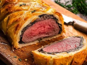 A perfectly baked Beef Wellington, sliced to reveal its rare, pink beef tenderloin and dark mushroom duxelles, on a wooden board.