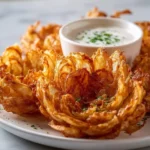 A golden, crispy deep-fried Blooming Onion served on a white plate with a small bowl of creamy dipping sauce garnished with chives.