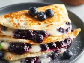 A stack of golden-brown Blueberry Breakfast Quesadillas filled with creamy sauce and blueberry compote, topped with fresh blueberries and powdered sugar on a grey plate.