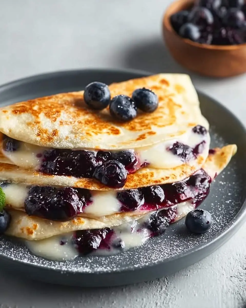 Blueberry Breakfast Quesadilla 29 A stack of golden-brown Blueberry Breakfast Quesadillas filled with creamy sauce and blueberry compote, topped with fresh blueberries and powdered sugar on a grey plate.