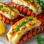 A platter showcases three perfectly golden-brown Broiled Lobster Tails, garnished with fresh parsley and a lemon wedge.