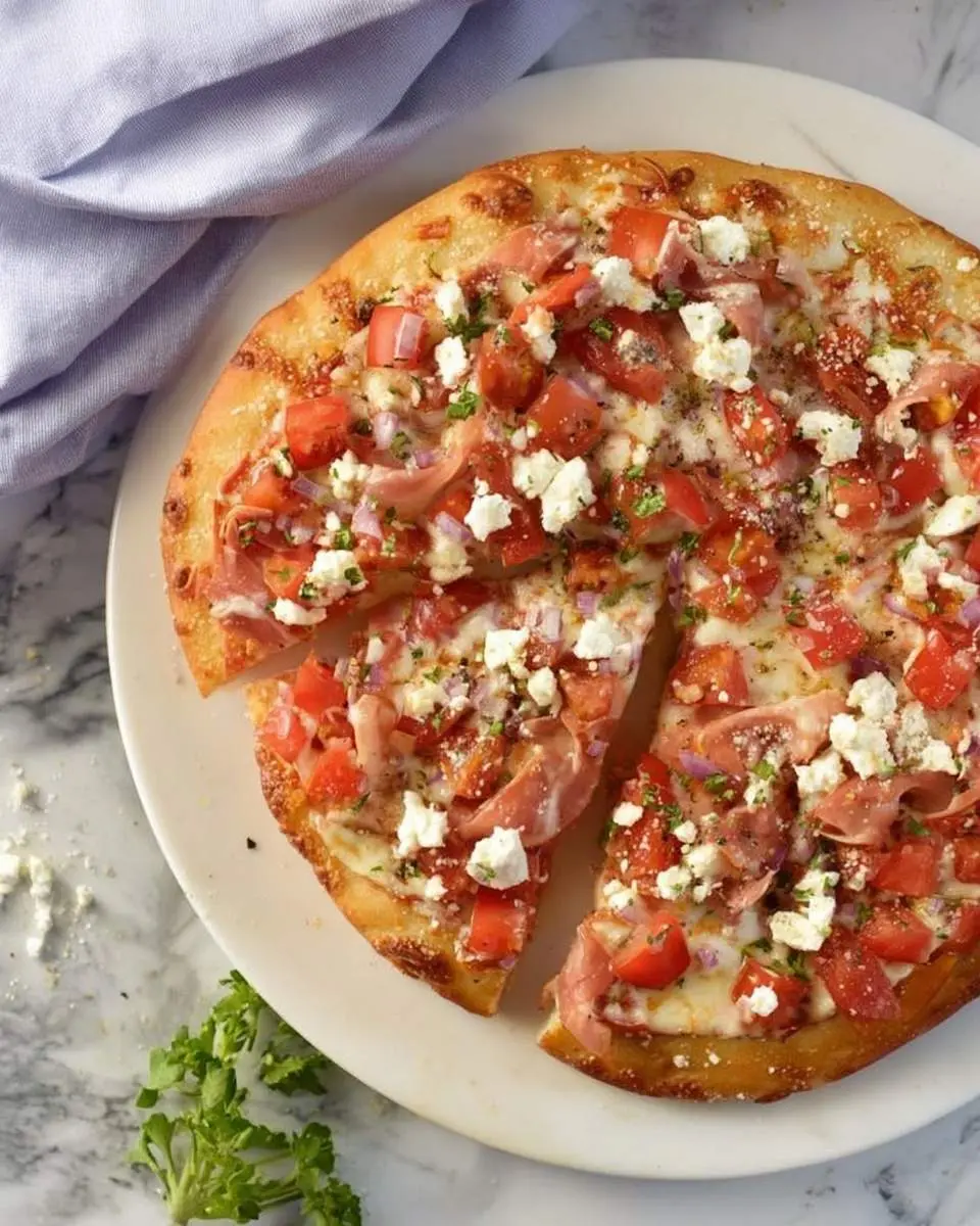 Bruschetta Pizza 29 A top-down view of a freshly baked Bruschetta Pizza, generously topped with diced tomatoes, feta cheese, prosciutto, and herbs, served on a white plate.