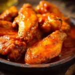 A close-up shot of a rustic wooden plate filled with glistening chicken wings generously coated in vibrant Buffalo Wing Sauce.