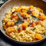 Creamy Butternut Squash Risotto in a speckled bowl, garnished with roasted squash, grated cheese, and fresh sage.