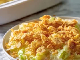 A close-up of a serving of creamy Cabbage Casserole with Ritz Crackers in a white bowl on a marble surface.
