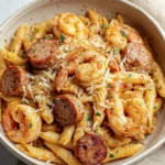 A close-up shot of a creamy Cajun Shrimp and Sausage Pasta dish, garnished with grated cheese and fresh parsley in a rustic bowl.