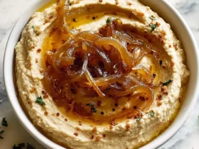 A white bowl filled with creamy Caramelized Onion Hummus, topped with golden caramelized onions, olive oil, and fresh herbs on a marble background.