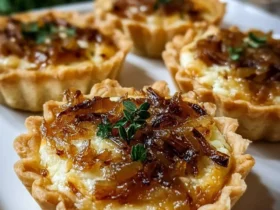 A close-up shot of four golden-baked Caramelized Onion Tartlets on a white platter, garnished with fresh thyme.