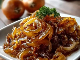 A white plate filled with glossy, golden-brown caramelized onions, garnished with fresh parsley, with two raw onions blurred in the background.