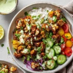 A vibrant bowl of roasted Cauliflower Shawarma Bowls with fluffy rice, crisp cucumbers, colorful tomatoes, and creamy green sauce.