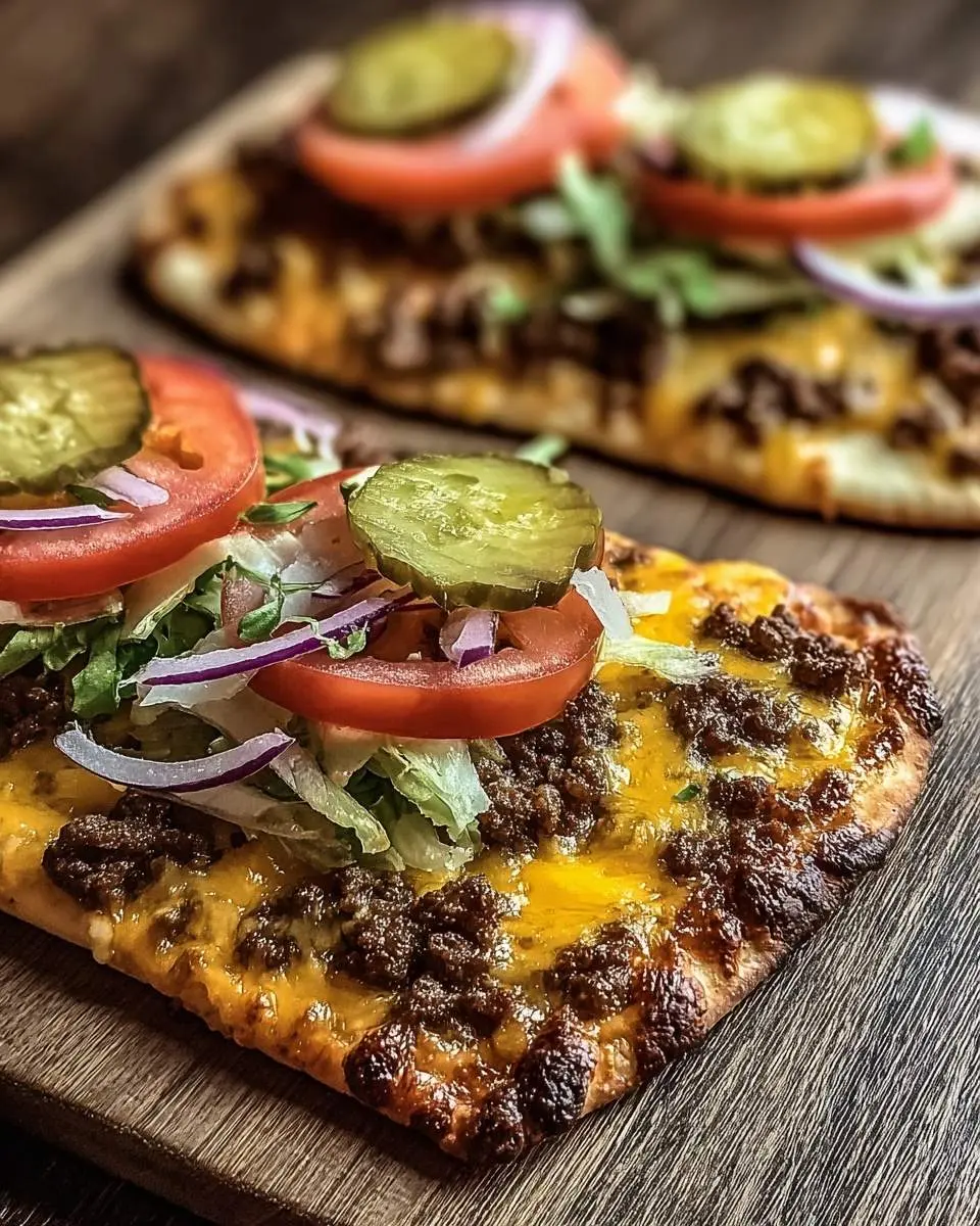 Cheeseburger Flatbreads 29 Two delicious Cheeseburger Flatbreads topped with ground beef, melted cheese, lettuce, tomato, onion, and pickles on a wooden board.