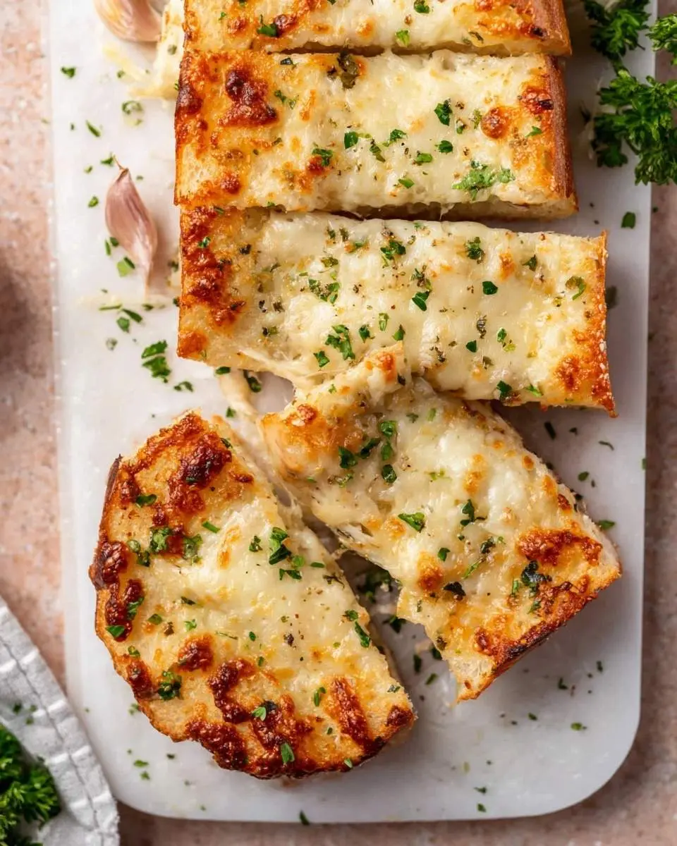 Cheesy Garlic Bread 29 Close-up of golden-brown cheesy garlic bread slices with melted cheese and fresh parsley on a white marble board.