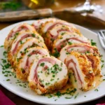A white platter displays perfectly sliced, golden-brown Chicken Cordon Bleu, filled with ham and melted cheese, garnished with fresh parsley.