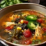 A vibrant bowl of Chicken Poblano Soup garnished with fresh jalapeño slices, cilantro, and served with limes in the background.