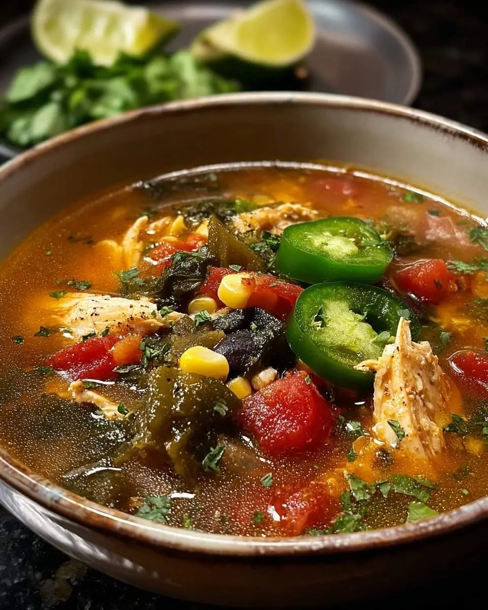 Chicken Poblano Soup 28 A vibrant bowl of Chicken Poblano Soup garnished with fresh jalapeƱo slices, cilantro, and served with limes in the background.