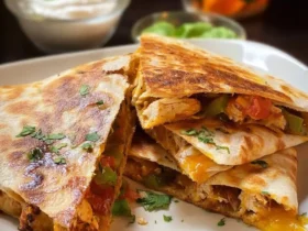 Sliced chicken quesadillas, filled with chicken, melted cheese, bell peppers, and tomatoes, served with creamy dips.