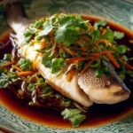 A perfectly cooked whole Chinese Steamed Fish, beautifully garnished with fresh cilantro, sliced green onions, and julienned carrots, served in a rich dark sauce on a decorative green plate.