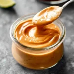 A spoon scoops rich, creamy Chipotle Sauce from a glass jar, highlighting its smooth texture against a dark background with a lime wedge.