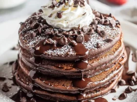 A decadent stack of chocolate pancakes drizzled with chocolate sauce, topped with whipped cream and chocolate chips, on a white plate.